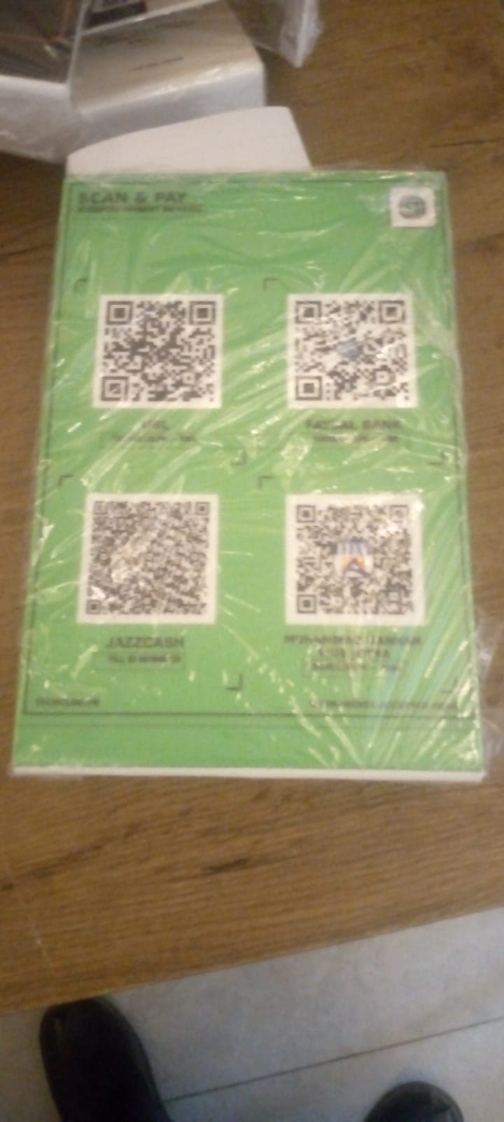 Printed payment QR card with UBL, Faysal Bank, JazzCash and personal account QR codes